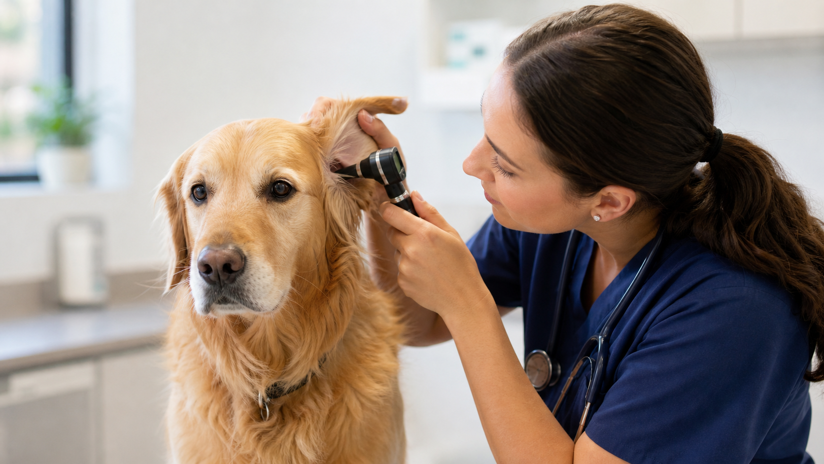 Veterinarian gently examining a golden retriever's ear with an otoscope in a bright clinic