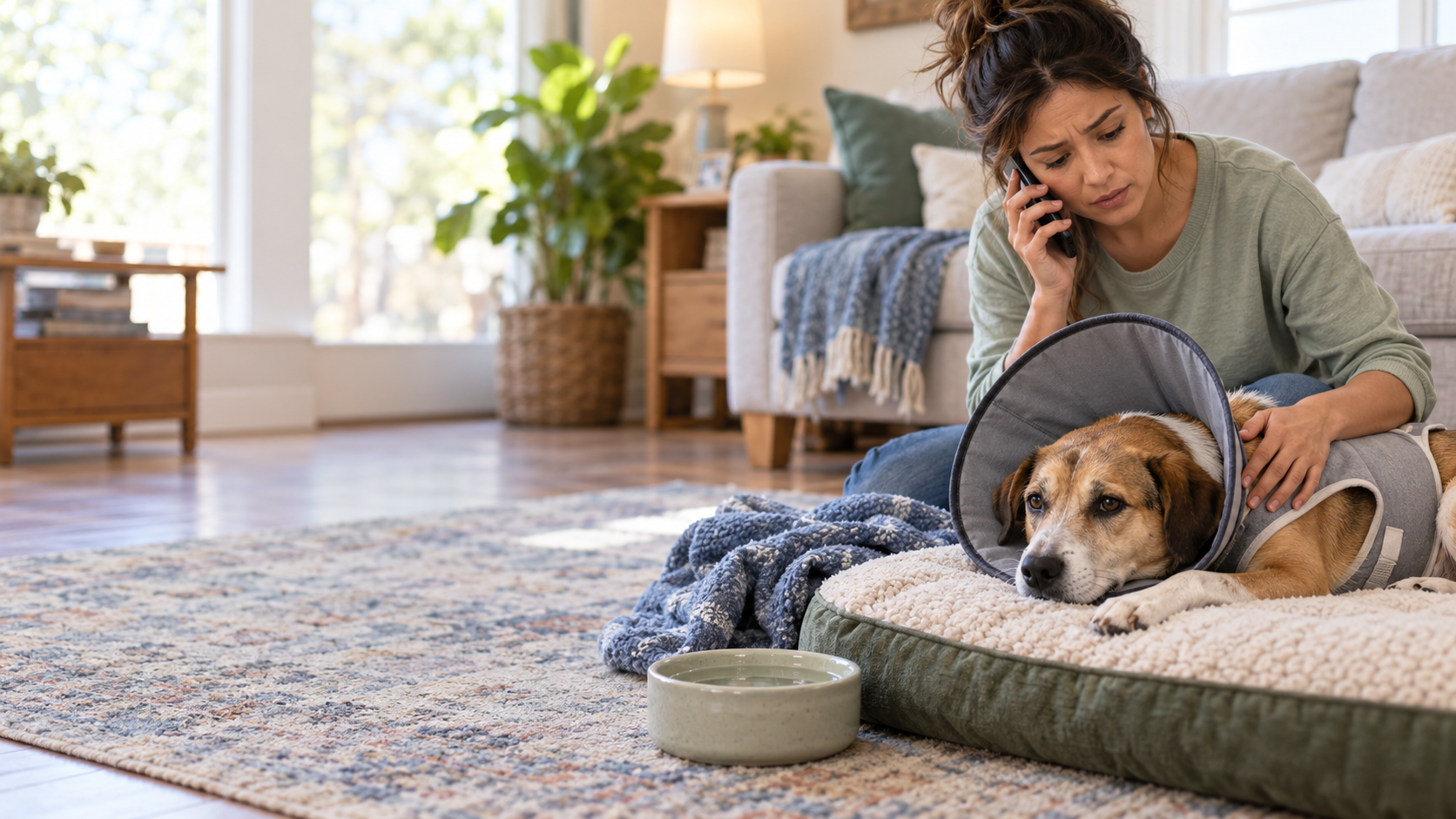 An owner beside a resting dog wearing an inflatable recovery collar, with water nearby.